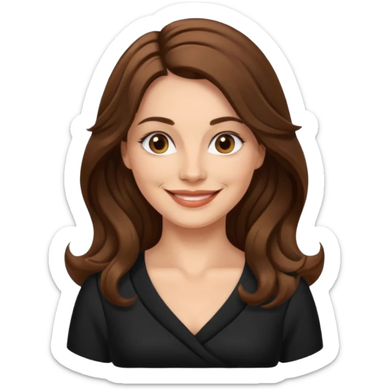 40 yr croatian woman, long wavy brown hair, big smile, side part, black dress
 sticker