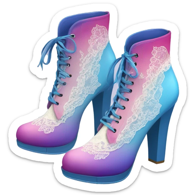 Realistic isolated top view of a pair of blue,sky blue,pink and purple ombre high heel ankle boots with white cream lace. sticker