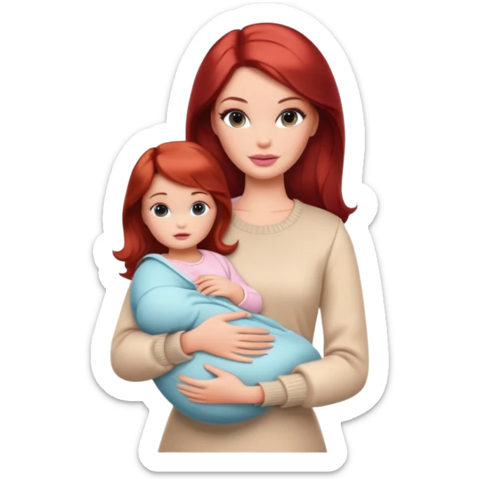 A barbie girl with makeup with dark brown hair long with a baby, a daughter, a girl with red hair, holding her hand in beige clothes sticker