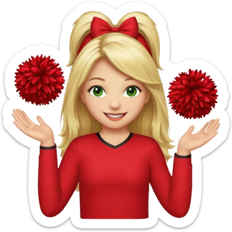 Girl with long blonde hair, smiling, holding one red pom pom in each hand, green eyes, red shirt, cheerleader sticker