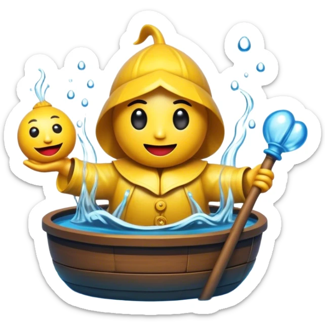 Cinematic Realistic Water Puppetry Pop Culture Emoji, depicted as a whimsical scene of traditional water puppetry rendered with dynamic textures and playful lighting. sticker