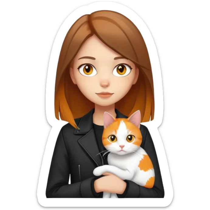 Light-skinned girl with brown straight hair wearing a black jacket, holding one pure white cat with bright yellow eyes and one calico cat with orange black and white patches sticker