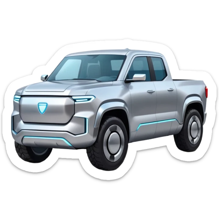 A futuristic electric pickup truck emoji, silver chrome body, angular cyber design, smooth metallic panels, subtle reflections, minimalistic proportions, iOS emoji style, centered composition, clean white background, soft lighting sticker