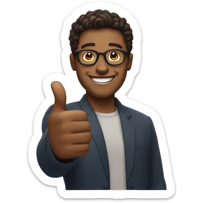 A man with glasses smiling broadly as he raises his thumb in a sign of joy and confidence. His glasses shine with flashes of happiness in the gif. sticker