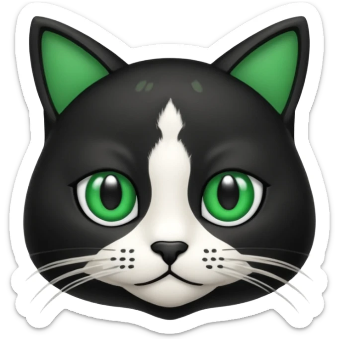 crie uma imagem de um gato preto com uma mancha branca no peito o gato tem olho verde  tudo no estilo de animação sticker