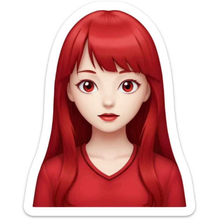beautiful girl with red velvet long hair and straight bangs, red eyes and red clothes sticker