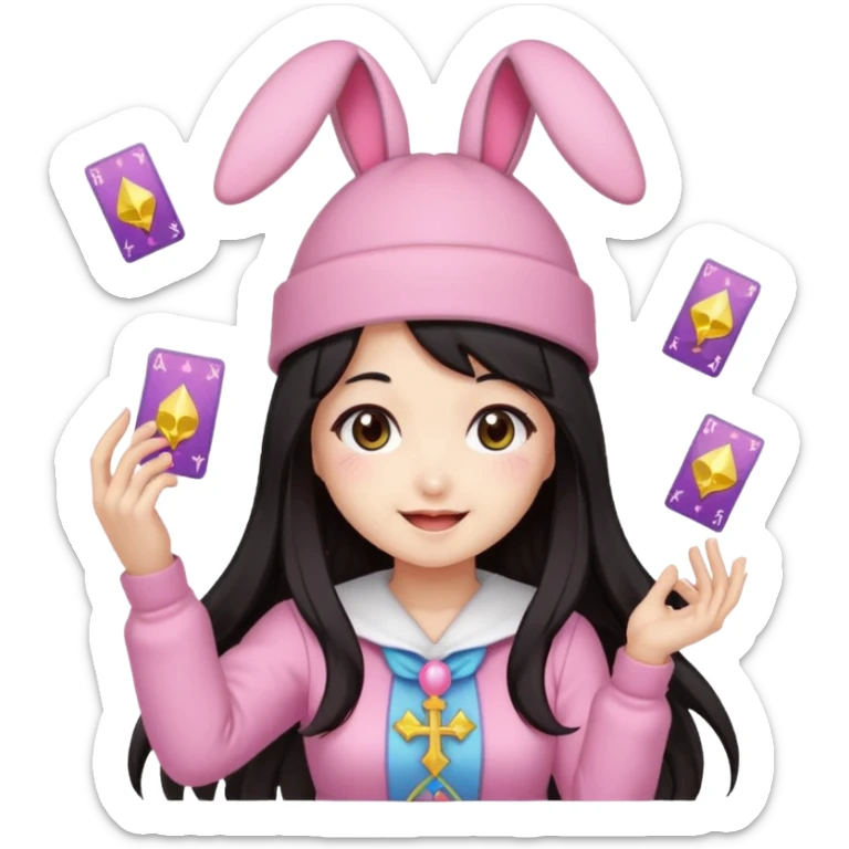 pixel art chibi asian girl with dark long hair in pink bunny ears hat magical girl with kawaii tarot cards thrown in air pixel emoji sticker