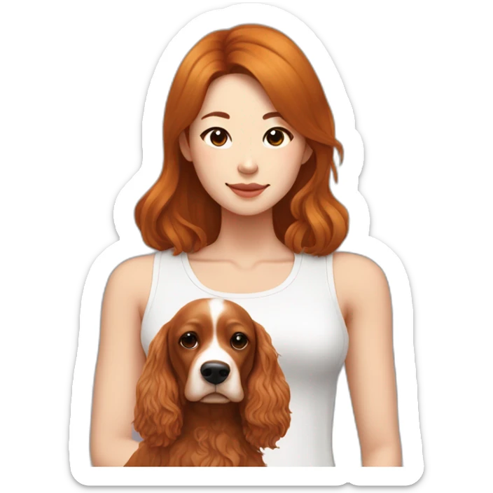 korean woman with long dark brown hair in a white singlet sits with ginger colour cocker spaniel sticker