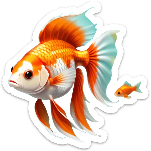 Large aquarium fish like veil tails and lionhead goldfish swimming gracefully in a beautifully decorated aquarium. Colorful aquatic plants, smooth rocks, and gentle bubbles surround the fish. The water shimmers in sunlight, creating a peaceful and vibrant underwater scene. Transparent background. sticker