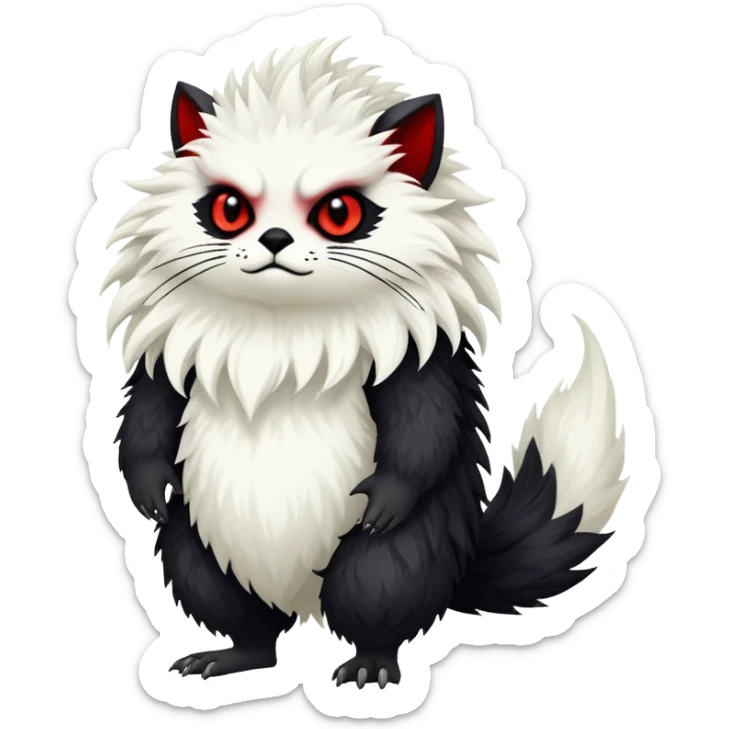 a white exotic edgy vernid-fionbri-creature, with black belly and red eyes, full body sticker