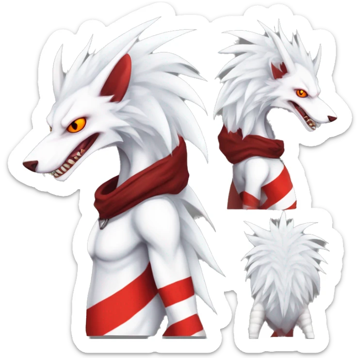 White edgy cute badass epic anthro modern albino sergal-vernid-Fakémon with red mane and red eyes, red stripes, red horns,  full body sticker