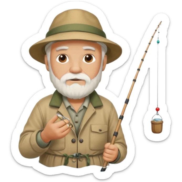 an old white haired, bearded man in fisherman attire, sat in a big boat on the ocean, casting a fishing line into the water sticker