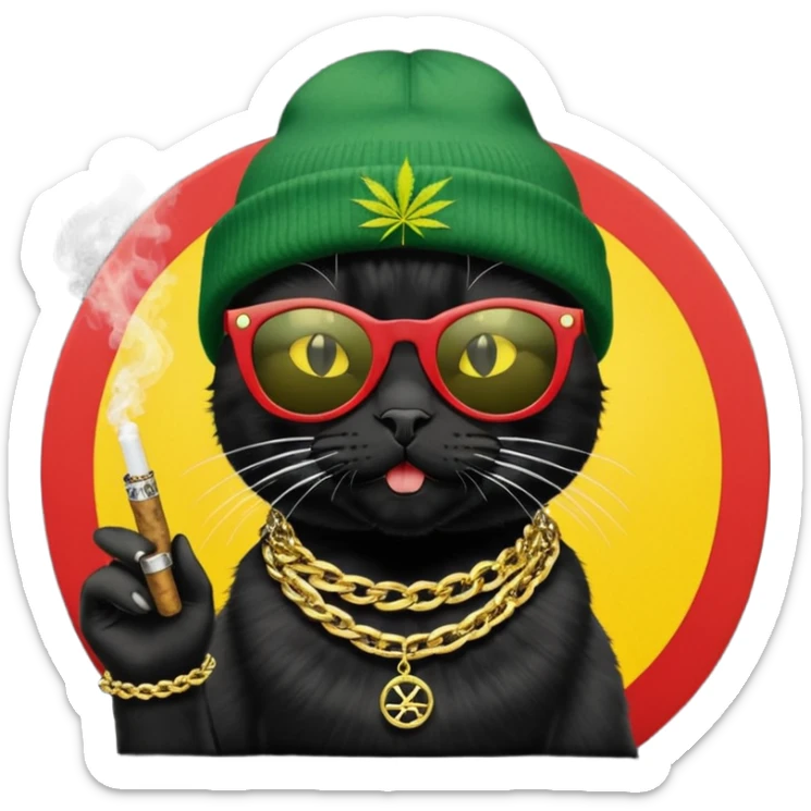 A black cat wearing the deal with it shades and a rasta beanie and smoking a joint and wearing a gold chain that says 420 and the words High Time at the top of the image sticker