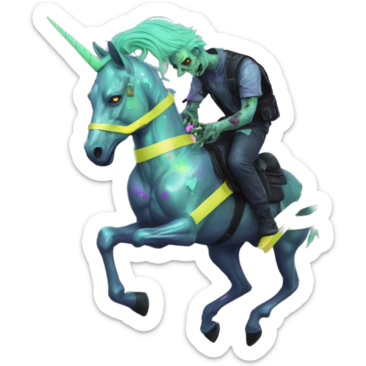 .Zombie_ Vaporwave black holographic oilslick zombie unicorn yellow caution tape graffiti Pegasus sticker
