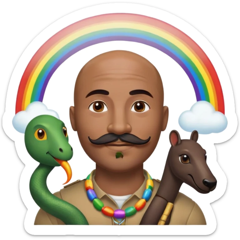 Oxumarê as a happy 37-year-old bald man with very dark skin tone, smooth oval head, indigenous facial features, mustache with circular beard only on chin (no hair on sides), a round mole on the right side below the lip, accompanied by a rainbow serpent, Memoji style sticker