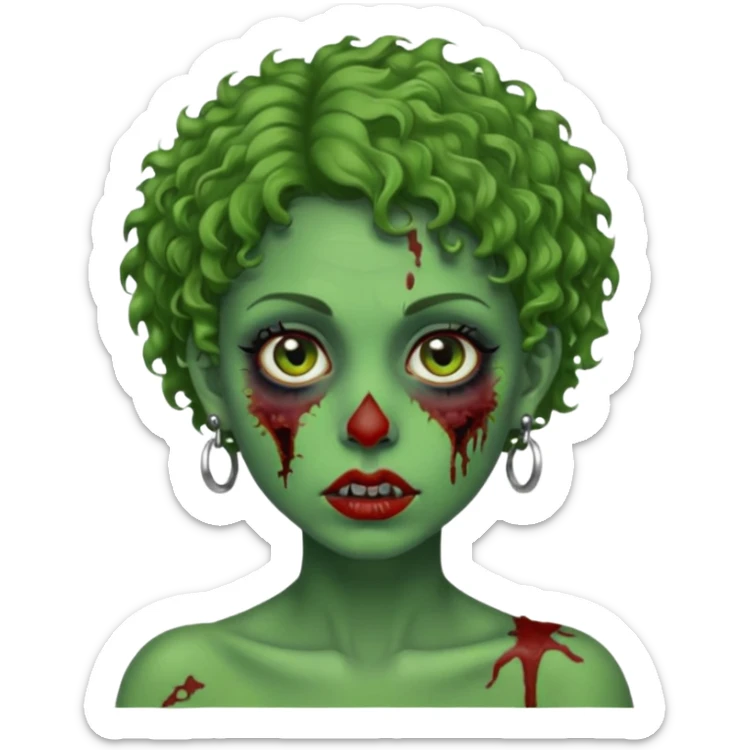 faça uma cabeça verde de zumbi femenina, com im cabelo curtinho cacheado, piercing no nariz, e brincos na orelha sticker