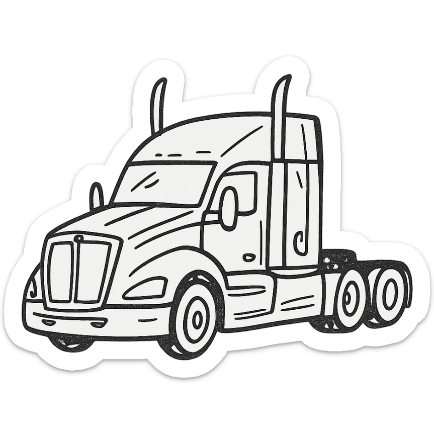 2026 Kenworth T680 semi truck, black with chrome stacks, hand drawn icon style, no fill, clean lines sticker