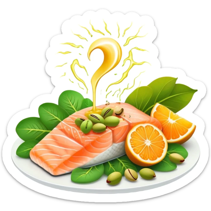 Banana, spinach, salmon fillet, sliced kiwi, pistachios, and a glass of orange juice emitting electrical sparks that flow toward a heart and nervous system. The electrical currents highlight the role these potassium-rich foods play in maintaining heart rhythm and muscle function. sticker
