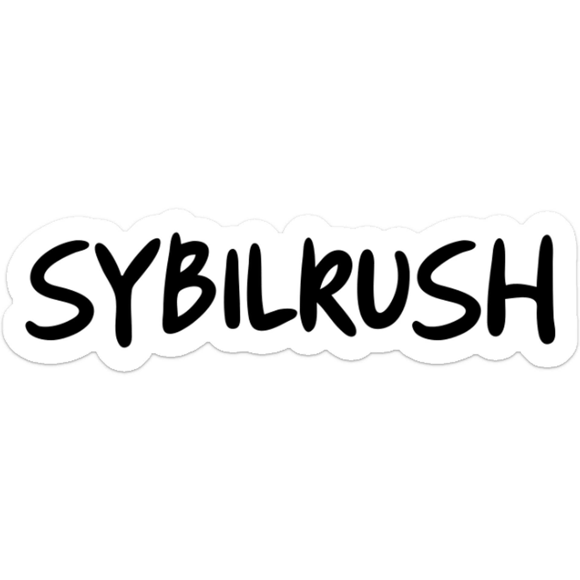 The word "SYBILRUSH" in handwritten style sticker