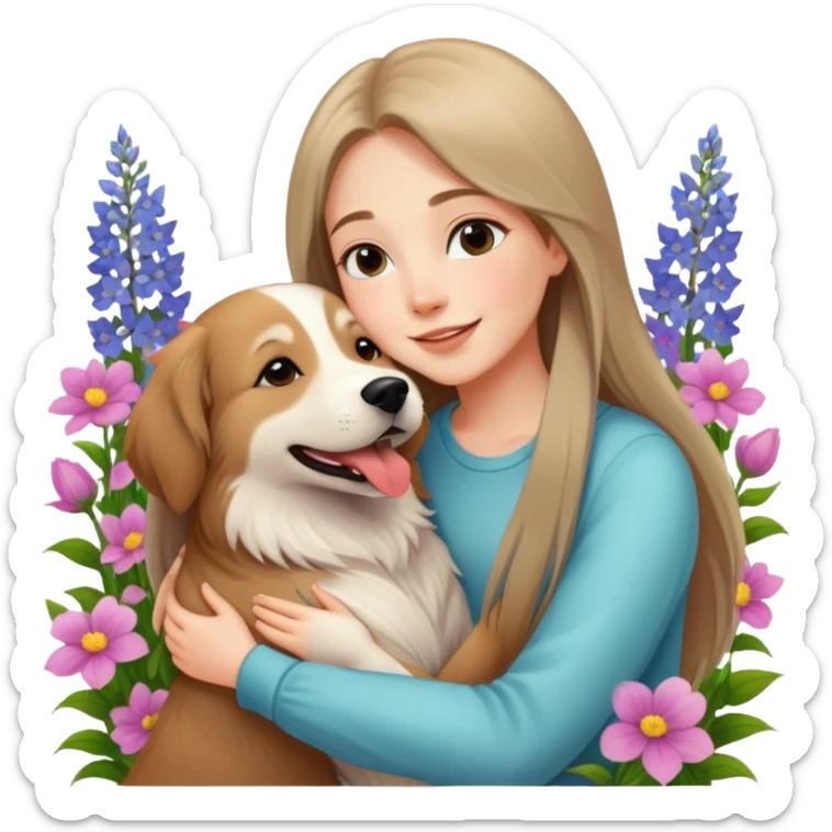 A beautiful girl with long straight hair happily hugs an Alaskan dog in the flowers sticker