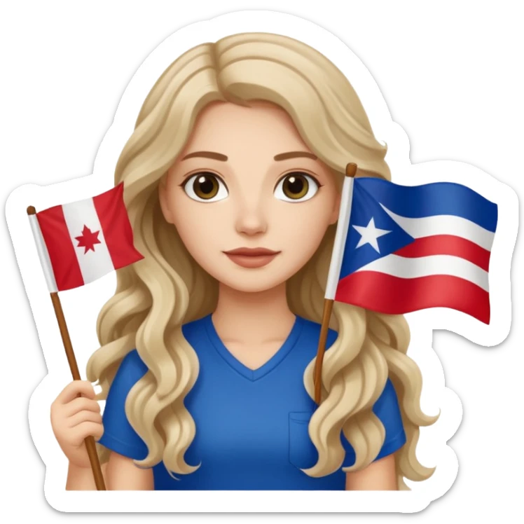 A white girl with long hair and wavy hair holding a Lebanese flag with Puerto Rican flag sticker