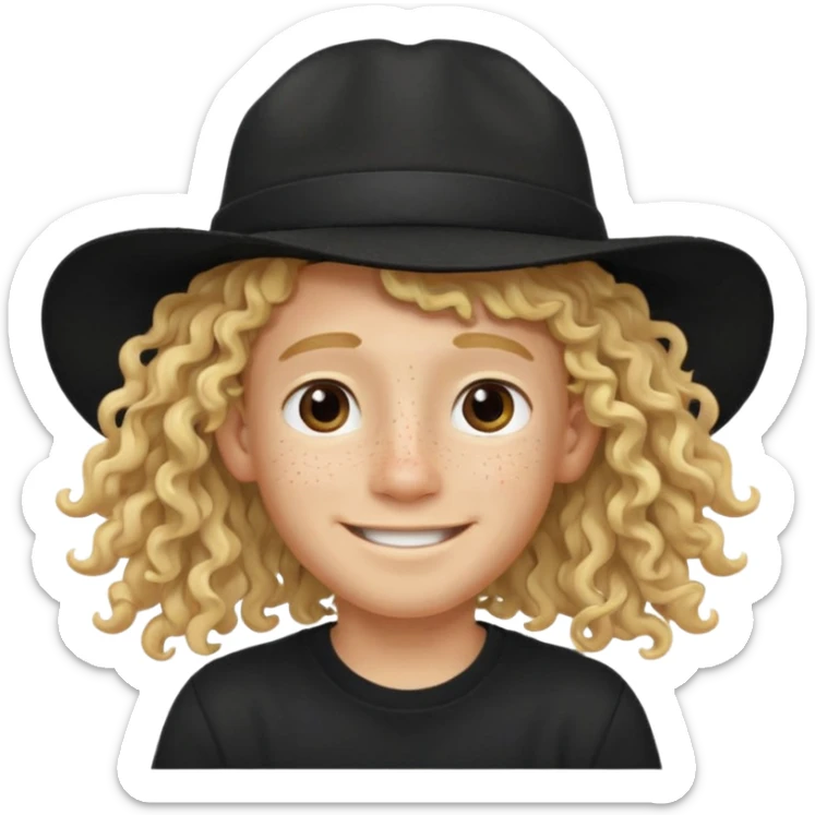 blonde boy with long curly hair past his hears and a LA hat, smiling, wearing a black shirt with freckles sticker