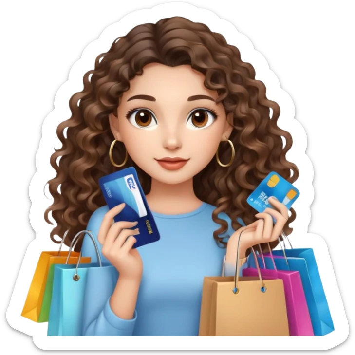 cute girl long brunette balayage curly/wavy not voluminous hair, brown eyes, hoop earrings, natural pretty clean makeup: holding a credit card and lots of shopping bags. SHE HAS LOOONG HAIR sticker