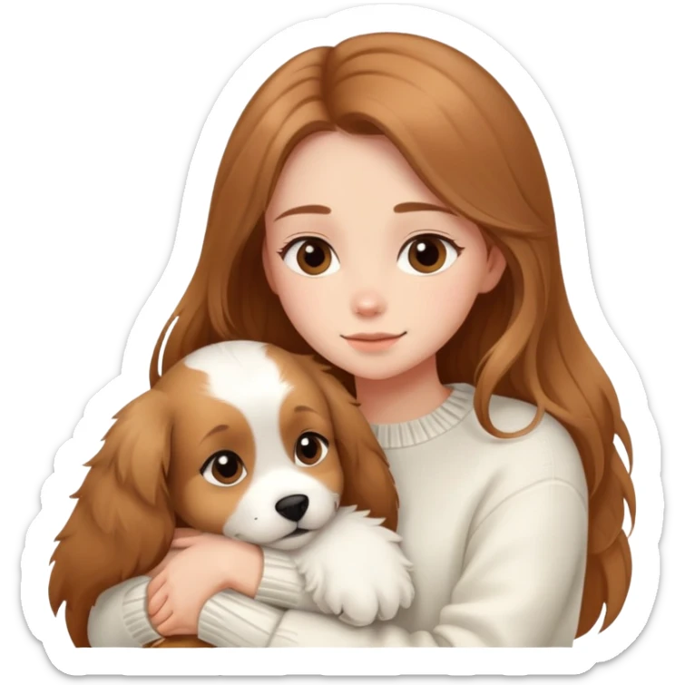 a girl with long light brown hair, in a white sweater, hugs a cute one dog. sticker