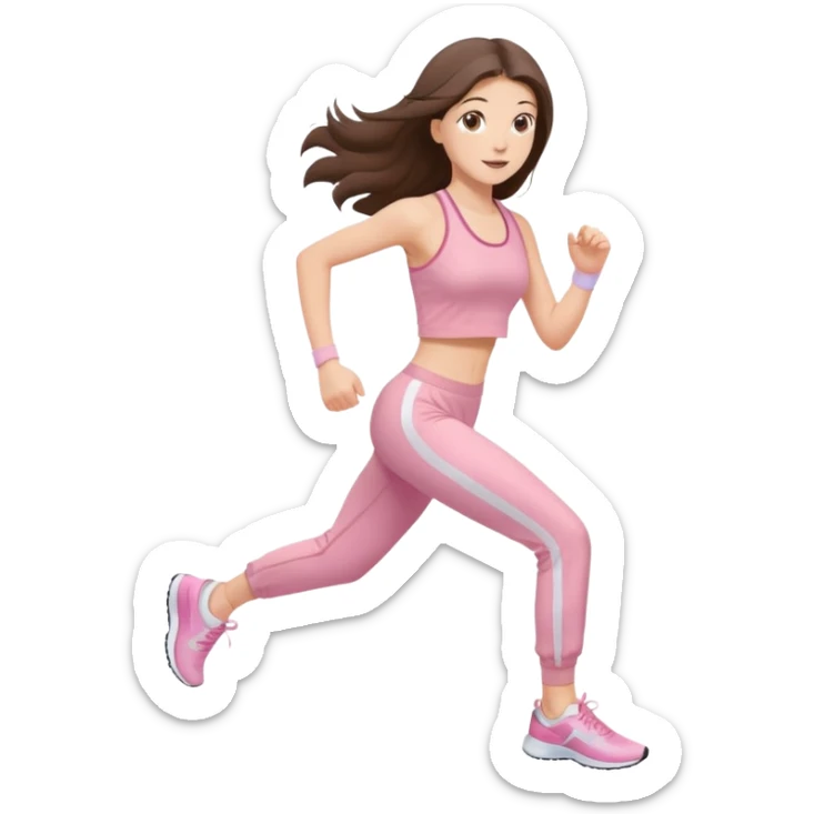 white happy brunette teen long hair with hazel eyes in light pink workout clothes jogging sticker