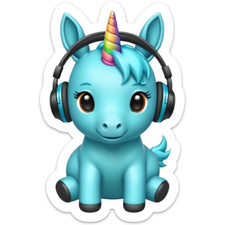 Unicornio bebé cyan sentado escuchando música con auriculares negros sticker