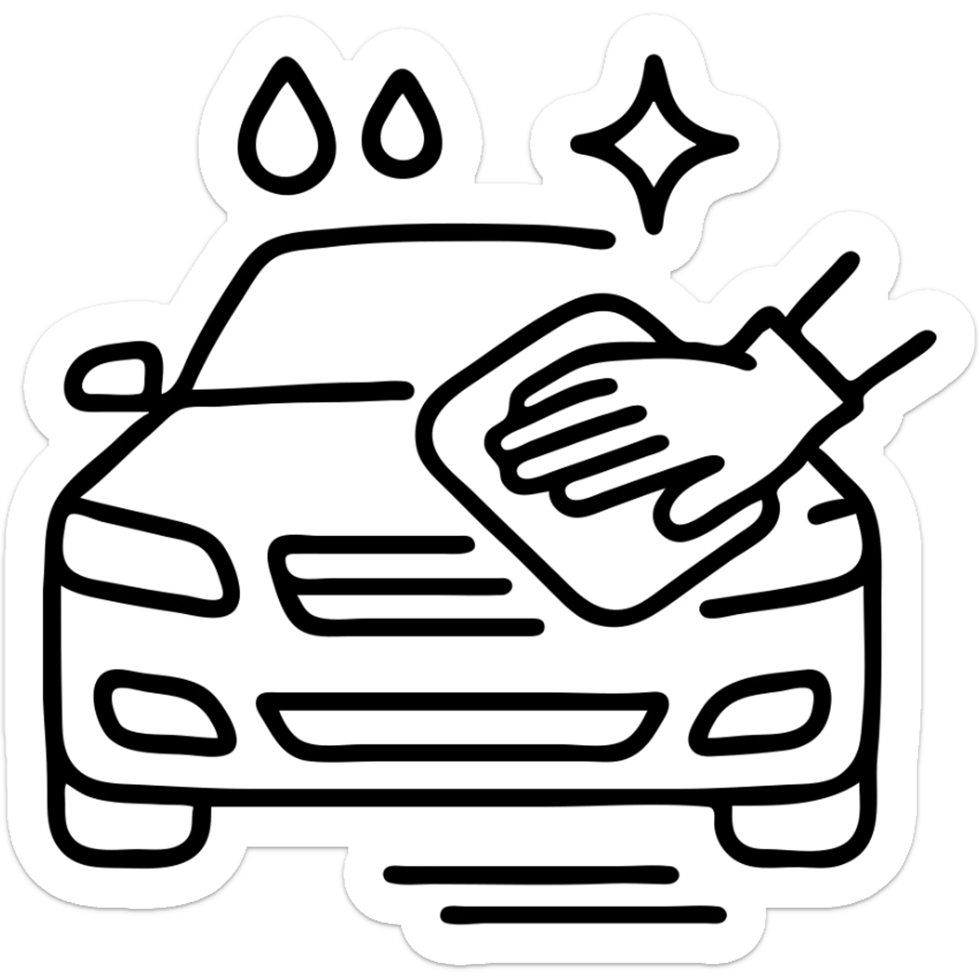 outlined icon of a high-end car with a hand wearing a black glove cleaning the hood, water drops, shine, silver and white details, smooth motion lines, modern and clean sticker