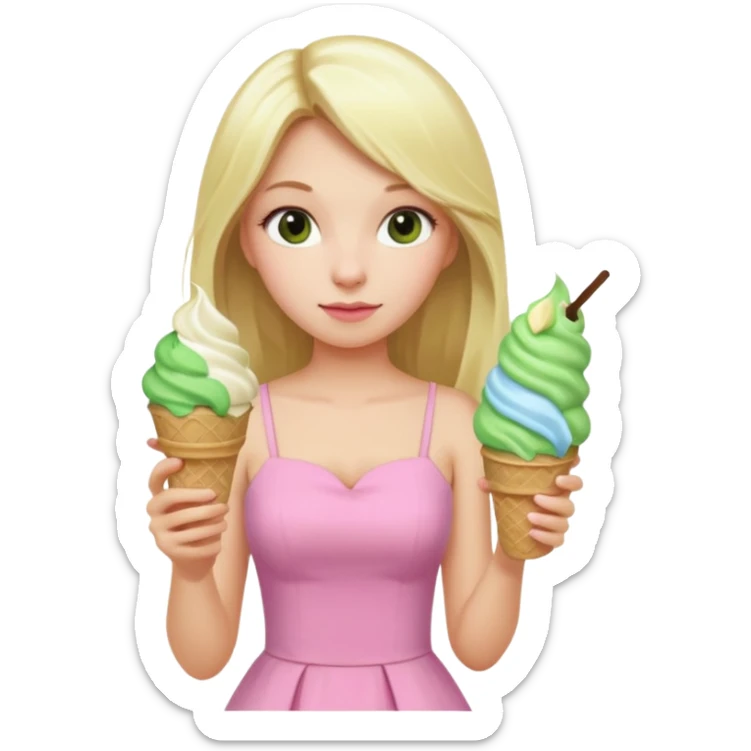 girl blonde long hair in pink dress,  holding matcha ice cream sticker