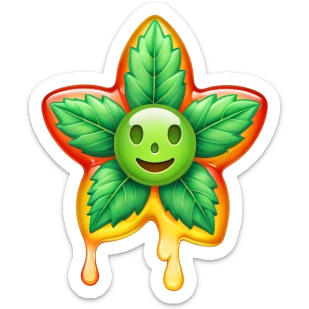 generate an emoji-style image of a juicy gummy shaped like a marijuana flower, make it colorful and with liquid dripping out sticker