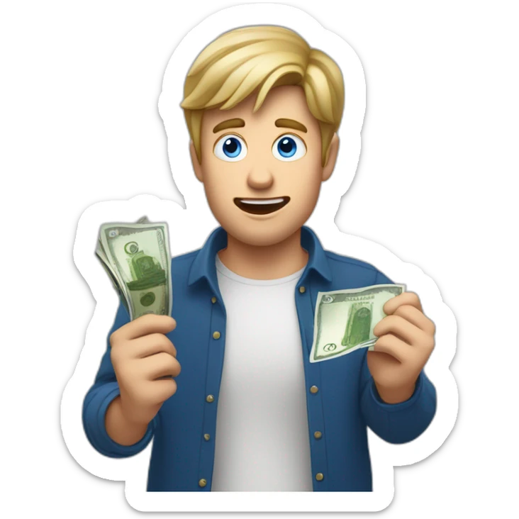 White guy with dark blond hair and blue eyes holding a euro bill in his hands acting surprised sticker