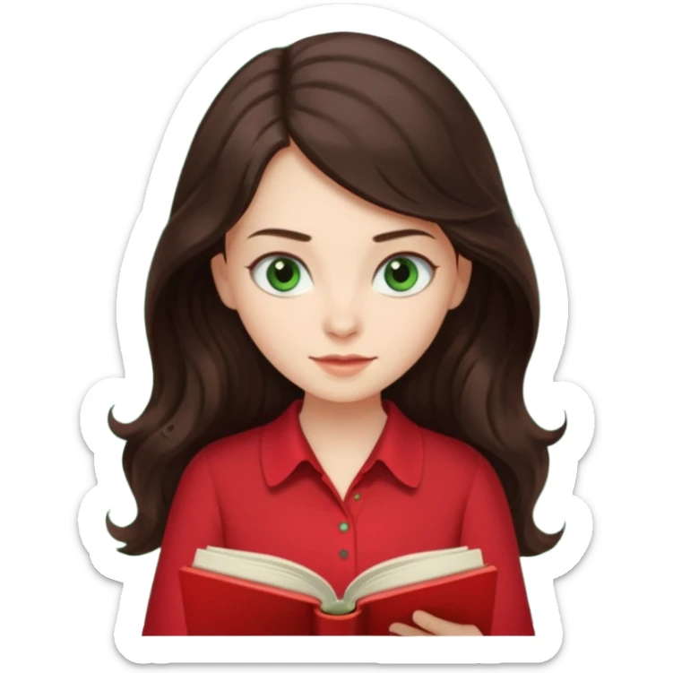 Long wavy dark brown haired, white skinned, dark green eyed girl in red blouse reading a book sticker