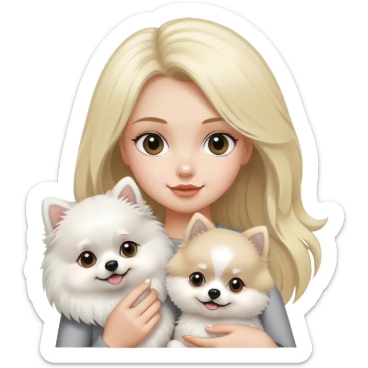 blond hair girl holding a white pomeranian and grey pomeranian  sticker