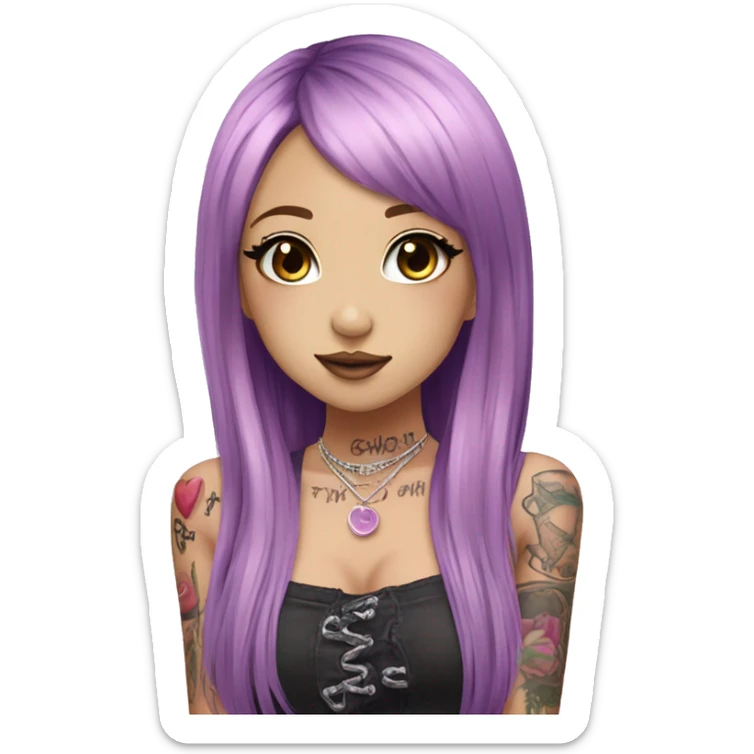 hime gyaru girl, long straight pink and purple hair, tattoos, dark makeup,  sticker