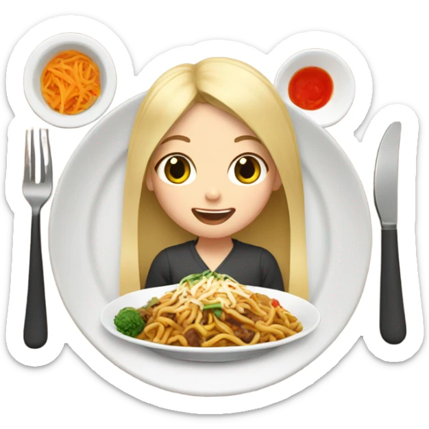  Blonde long hair girl eating Korean food sticker