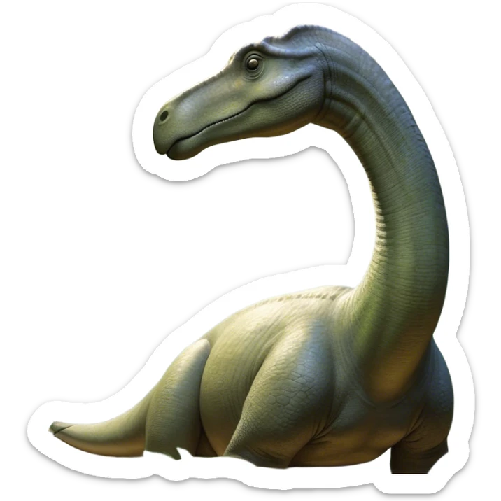 Beautiful and Majestic Brontosaurus Portrait Emoji, Head and body rendered in serene repose with a gentle, confident smile, showcasing its enormous, graceful neck and a massive, textured form with eyes softly closed in tranquil repose, Simplified yet exquisitely endearing features, highly detailed, glowing with a soft, drowsy ancient light, high shine, relaxed and utterly majestic, stylized with an air of timeless prehistoric splendor, soft glowing outline, capturing the essence of a beautiful and majestic Brontosaurus that embodies the serene power of the ancient world! sticker