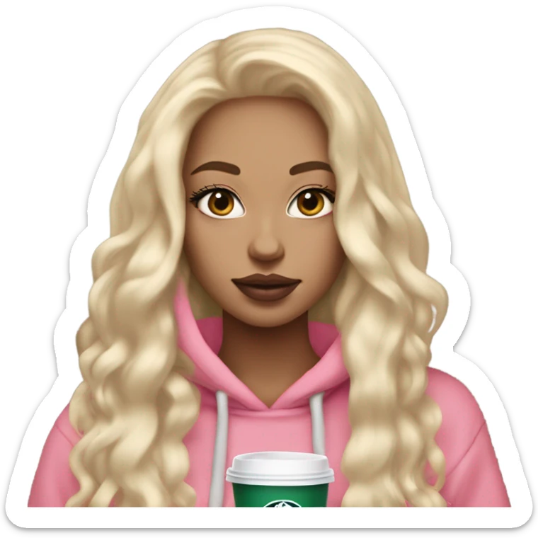 White skin girl with long blonde hair extensions with big pink lips and lashes with a Starbucks in her hand and a beige hoodie on sticker