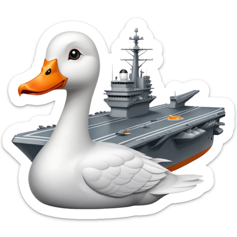 A gray military aircraft carrier with a white goose head and orange beak at the front of the ship sticker