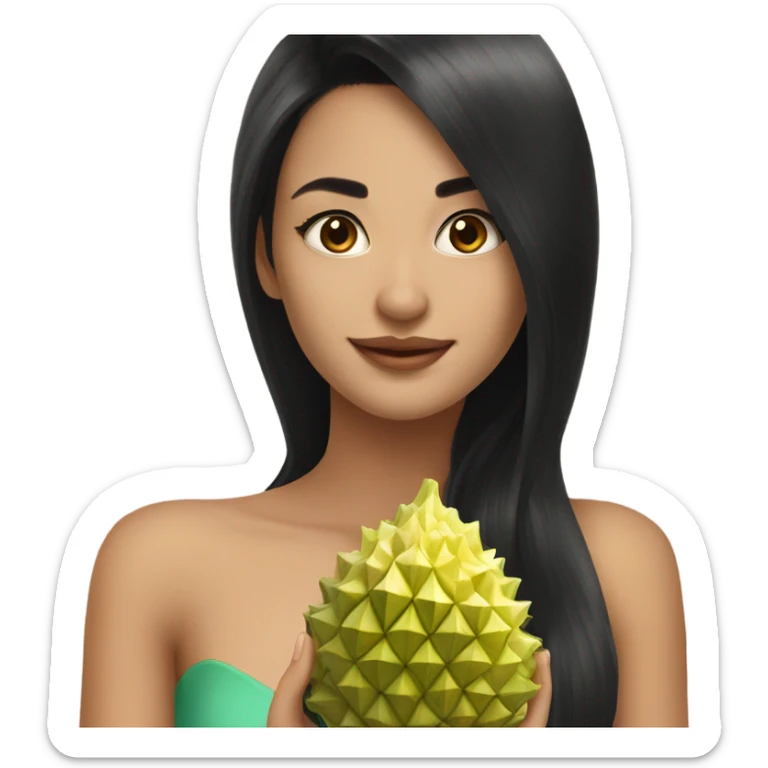 Beautiful woman long black hair in dress holding durian sticker