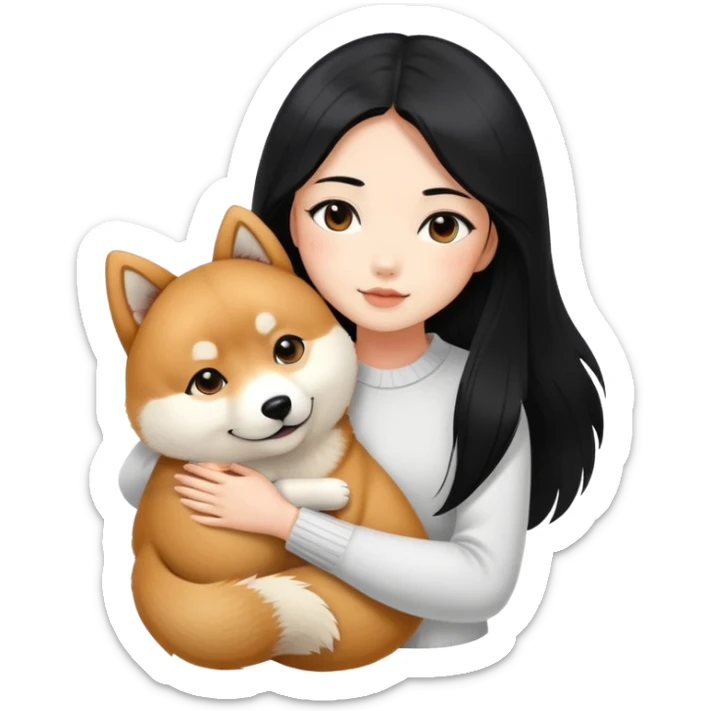 A beautiful girl with long black hair hugs a Shiba Lnu sticker