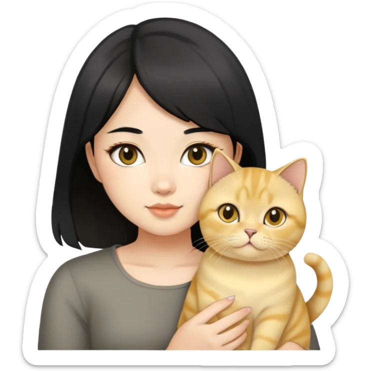 asian girl with black hair and gold ombré at bottom，holding a golden british shorthair cat sticker
