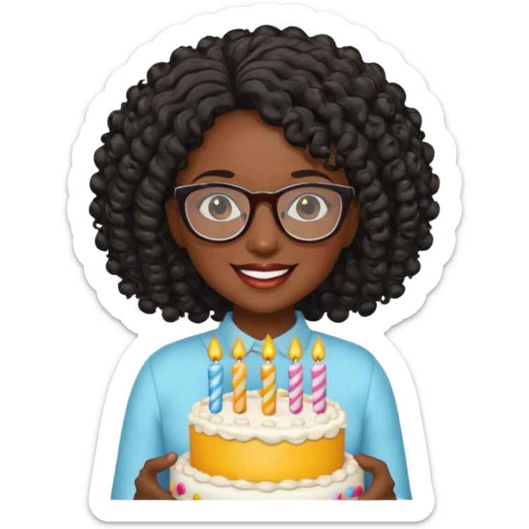 A Black woman with curly black hair and glasses holding a birthday cake. Can you make it a more basic emoji? sticker