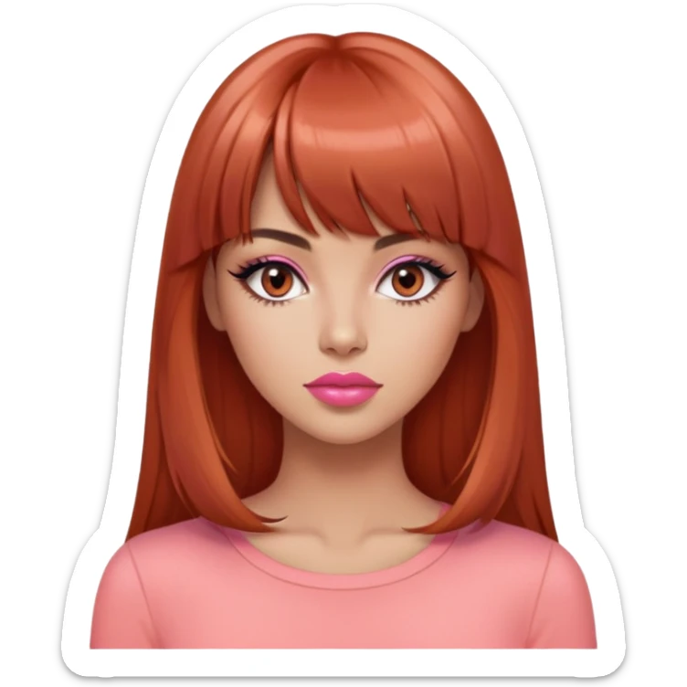 gorgeous woman, light tan skin, black eyes, long beautiful auburn hair, bangs, pink top, coral lipstick, cool, model sticker