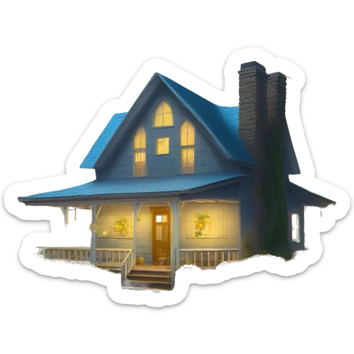  very very big Cabin near a big tree.  Thick moss growing on the roofs. grass fields. porch lights turned off. bright white interior lights turned off. guests sitting in chairs on the porch, flowers and bushes are yellow and blue. sticker