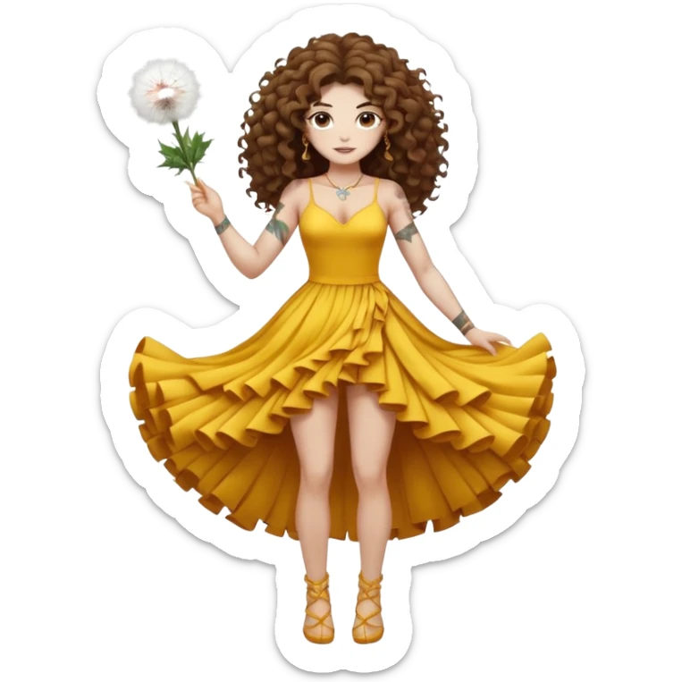 full body woman long curly brown hair brown eyes white skin tattoos muscular build dandelion seed spirit dress made of floating fluff sticker