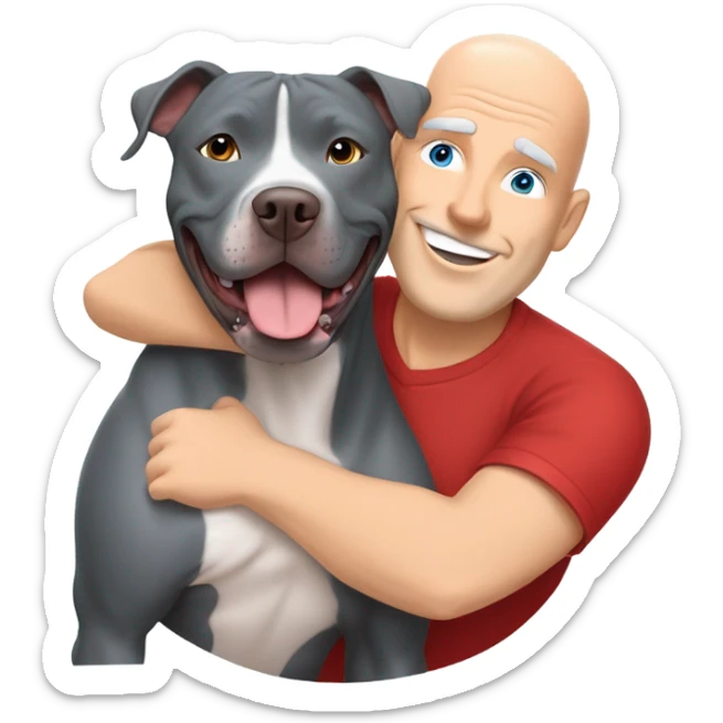 large gray male pit bull smiling and hugging bald white mature man no beard blue eyes with red tshirt sticker
