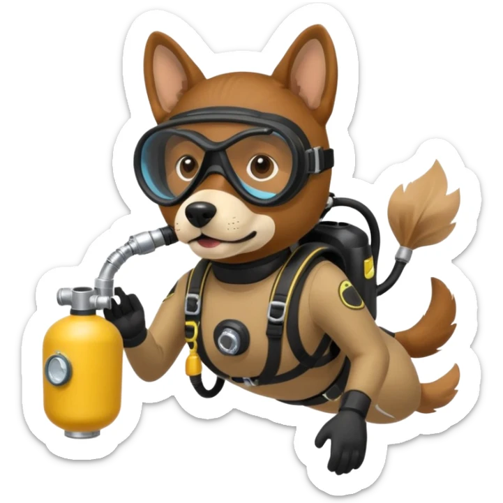 dog wearing scuba gear dive into the sea with diver mask and oxygen tank sticker